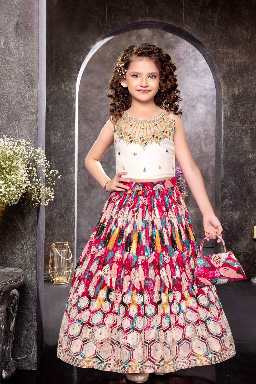 Girls Multicolor Digital Lehenga with Ivory Top & Matching Clutch
