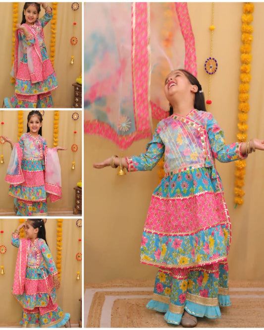 Cotton Anarkali Sharara Suit with shaded dupatta